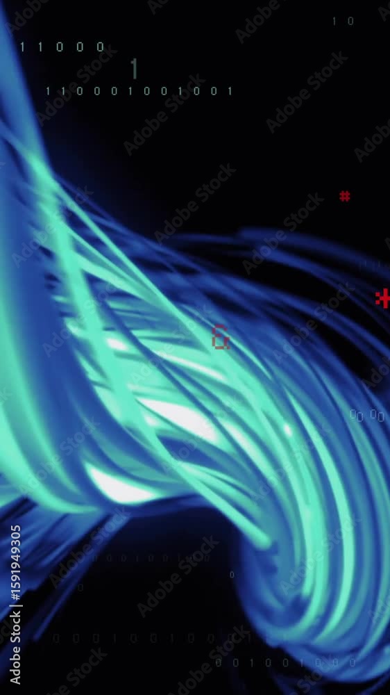 Poster animation of binary coding digital data processing over blue light trails