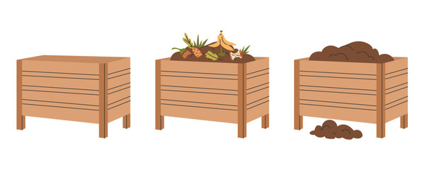 Composting process stages set. Three wooden compost bins showing empty container, organic waste, and finished compost soil. Eco-friendly gardening and recycling concept illustration.