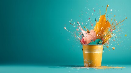A dynamic and expressive photograph of a paint bucket splattered with multiple vivid colors set against a clean and minimalist turquoise background with ample copyspace below