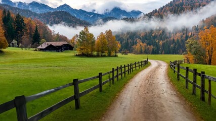 Explore a charming dirt road bordered by a rustic fence, surrounded by colorful fall trees and majestic mountains in the background
