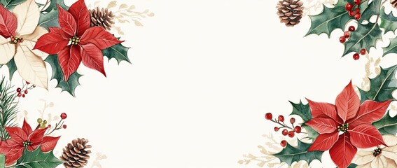 A white background with watercolor poinsettias and holly leaves 