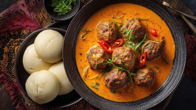 Central African Republic dish Kanda Ti Nyma Spicy meatball stew with peanut sauce served with fufu
