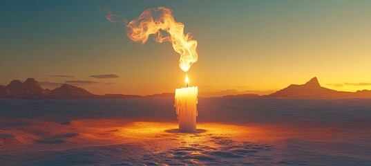 A white candle is burning on the desert, golden light shines through it, white smoke rises from its tip