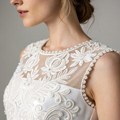 Close-Up of Bride Wearing White Wedding Dress with Floral Lace Embroidery


