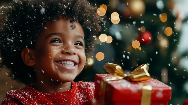 Curly-haired African-American boy receives Christmas gifts at a children&rsquo;s shelter. Touching moment of care, love and social support.
