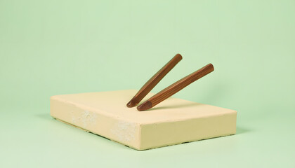 Two brown chopsticks rest diagonally on a rectangular cream-colored block against a light green background.