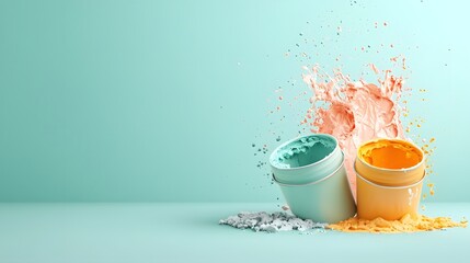 A photograph in isometric perspective showing two paint buckets spilling vibrant orange and green colors onto a clean textured surface with ample copy space