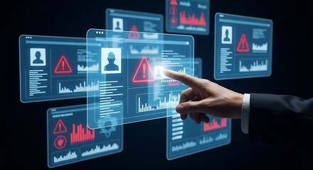 Digital interface with warning symbols and data charts graphs alerts