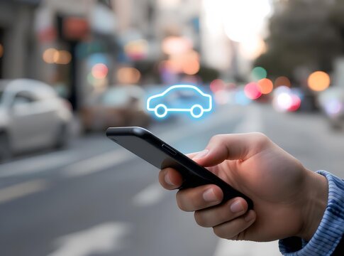 Hand holding smartphone with glowing car icon on city street for ride sharing service