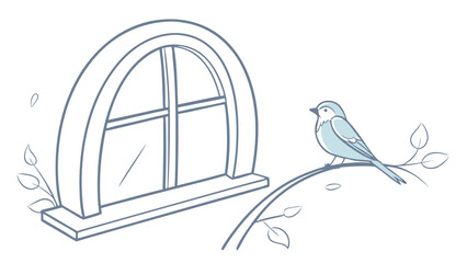 Vector Charming window with bird perched nearby, evoking serene atmosphere