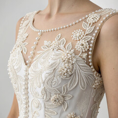 Close-Up of Elegant Wedding Dress Bodice with Pearl and Lace Embroidery

Close-Up of Elegant Wedding Dress Bodice with Pearl and Lace Embroidery

