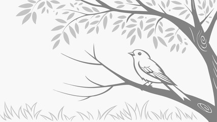 Vector Serene bird perched on branch, surrounded by delicate leaves and soft grey background
