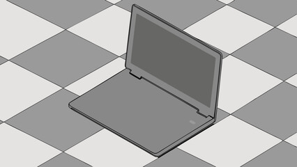 Vector Top down view of gray laptop with blank screen checkered floor, evoking sense of simplicity