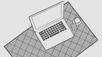 Vector Top down view of silver laptop on grid patterned desk with cup and note