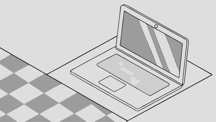 Vector Top down view of silver laptop checkered surface, showcasing its sleek design and blank screen
