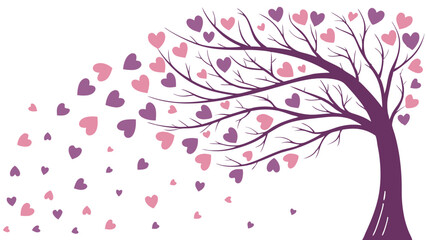 Vector Whimsical tree with flowing hearts in shades of pink and purple creates romantic atmosphere