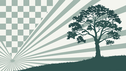Vector Silhouette of tree stands against checkered background with radiating lines, creating serene