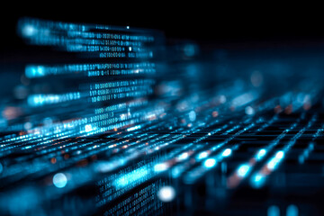 Digital data stream and binary code visualization in a high-tech environment