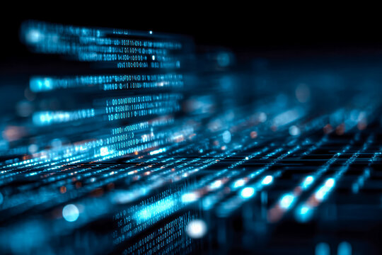 Digital data stream and binary code visualization in a high-tech environment