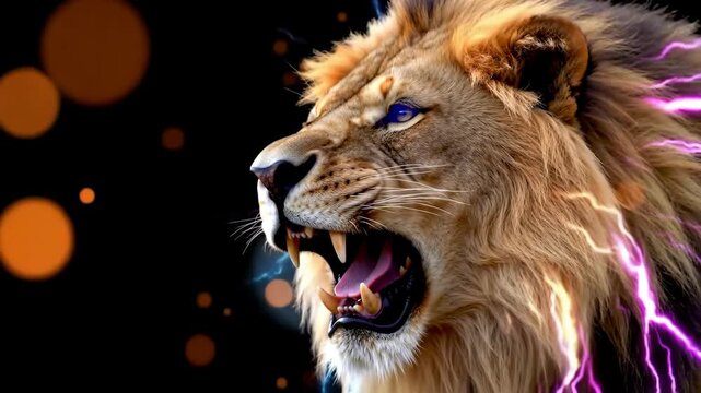 Roaring neon lion with dynamic mane of flowing electric energy in close-up magic realism