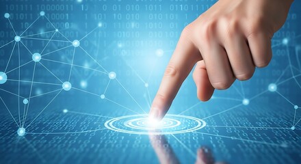 Human finger touching glowing digital network interface with binary code background technology connection