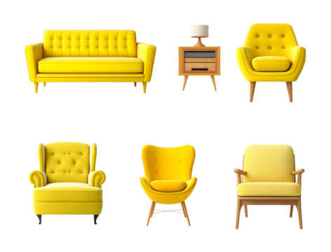 Set of yellow sofa and armchair collection isolated on a transparent background - Powered by Adobe