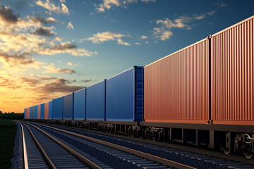 Obraz premium Freight train transporting containers across a bridge at sunset