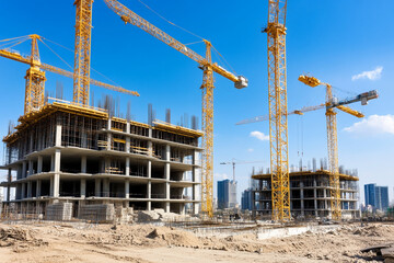 Panoramic view of a bustling construction site with cranes