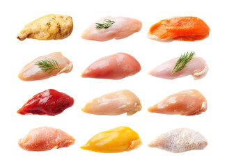 Chicken meat, various types of chicken fillets isolated on a transparent background