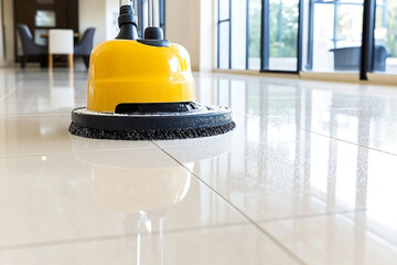 Worker cleans grout in modern tiled interior space efficiently