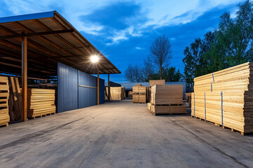 Warehouse with automated conveyor systems at dusk