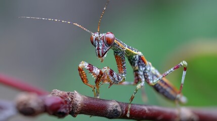 Praying mantis on a branch detailed patterns on body large compound eyes thin antennae