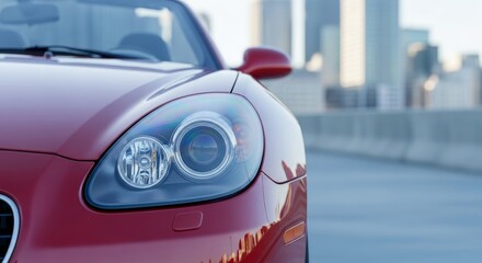 Obraz premium Crimson sports car headlight with city backdrop