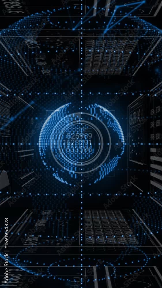 Poster animation of statistics and digital data processing over dark background