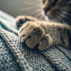 Close-Up of Cat Paw Resting on Soft Textured Blanket with Blurred Cat Face


