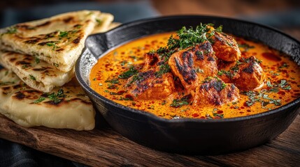 India dish Butter Chicken Creamy tomato-based curry with tender tandoori chicken pieces served with naan bread