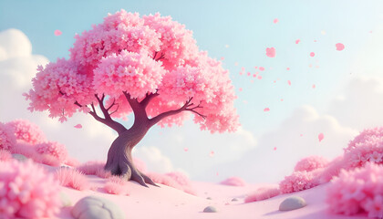 A dreamy pink tree with soft, delicate branches is set against a beautiful and magical background, creating a serene and whimsical piece of wall art perfect for fantasy or romantic d&eacute;cor.