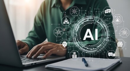 Person using laptop with artificial intelligence network technology data