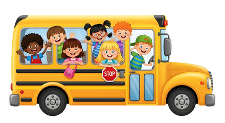 Illustration of a yellow school bus with children waving from the windows transparent background , no background
