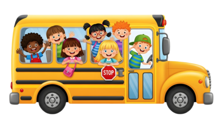 Illustration of a yellow school bus with children waving from the windows transparent background , no background