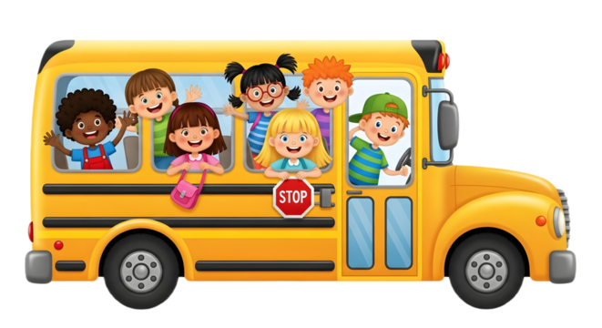 Illustration of a yellow school bus with children waving from the windows transparent background , no background