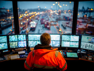 Air traffic control operator managing busy port during dusk