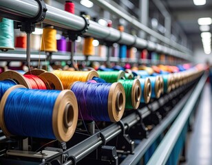 Colorful spools of thread on industrial machinery