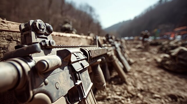 Assault rifles resting on ground during military exercise - Powered by Adobe