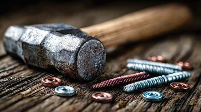 Old hammer lying on wooden table with screws and washers