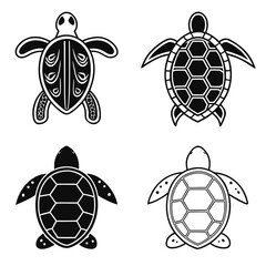 Obraz premium Four stylized sea turtles black and white illustrations marine life ocean
