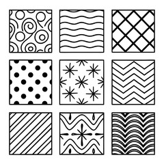 Nine Black and White Geometric Patterns swirls waves