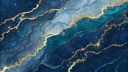 Indigo blue and gold glitter marble texture with geode patterns, perfect for luxury wallpaper, branding, and d&eacute;cor surfaces.