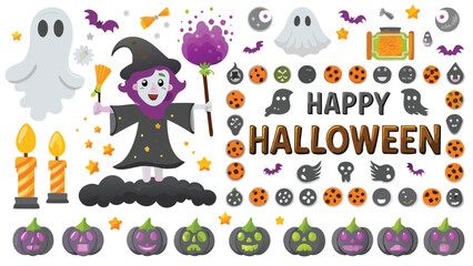 A halloween themed image with ghosts, witch, pumpkins, bats, and happy halloween text present here
