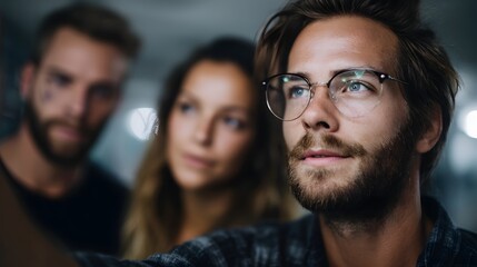 Team of professionals collaborating on a problem using a whiteboard